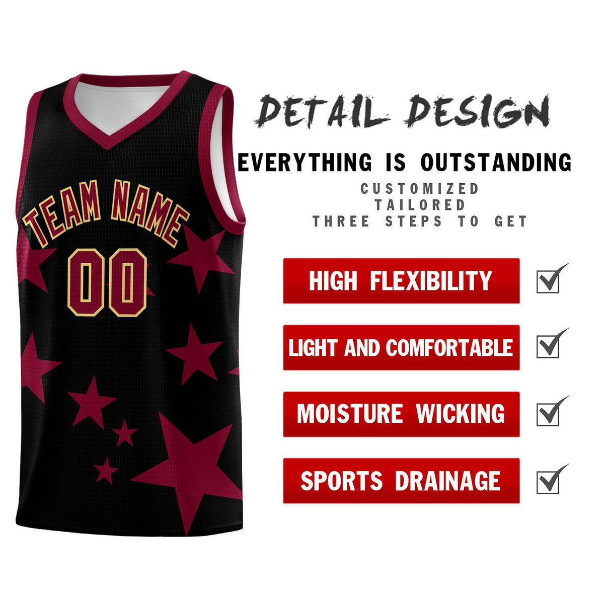 Custom Black Crimson Graffiti Pattern Star Print Basketball Jersey Kits|KXKSHOP