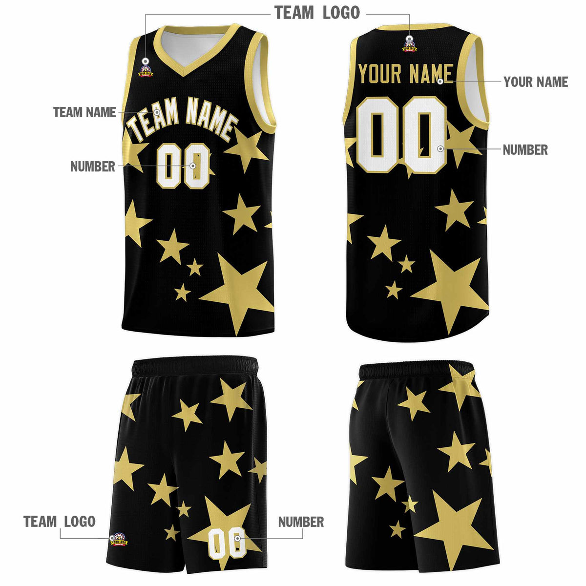 Custom Black Old Gold Graffiti Pattern Star Print Basketball Jersey Kits|KXKSHOP