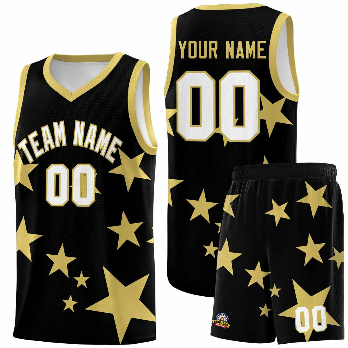 Custom Black Old Gold Graffiti Pattern Star Print Basketball Jersey Kits|KXKSHOP