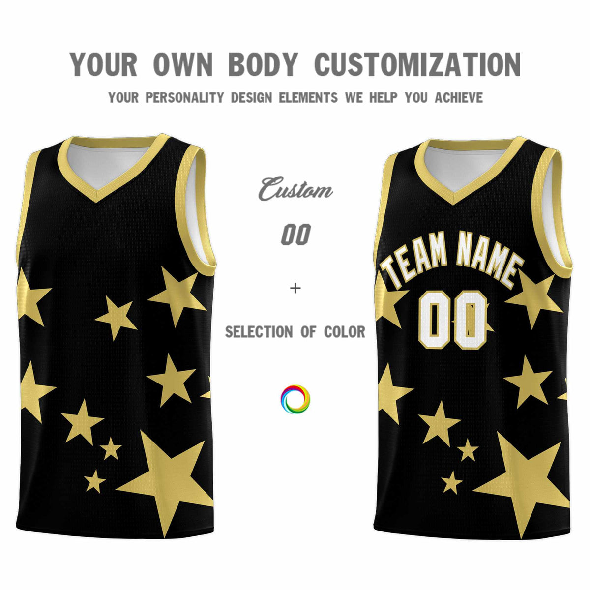 Custom Black Old Gold Graffiti Pattern Star Print Basketball Jersey Kits|KXKSHOP