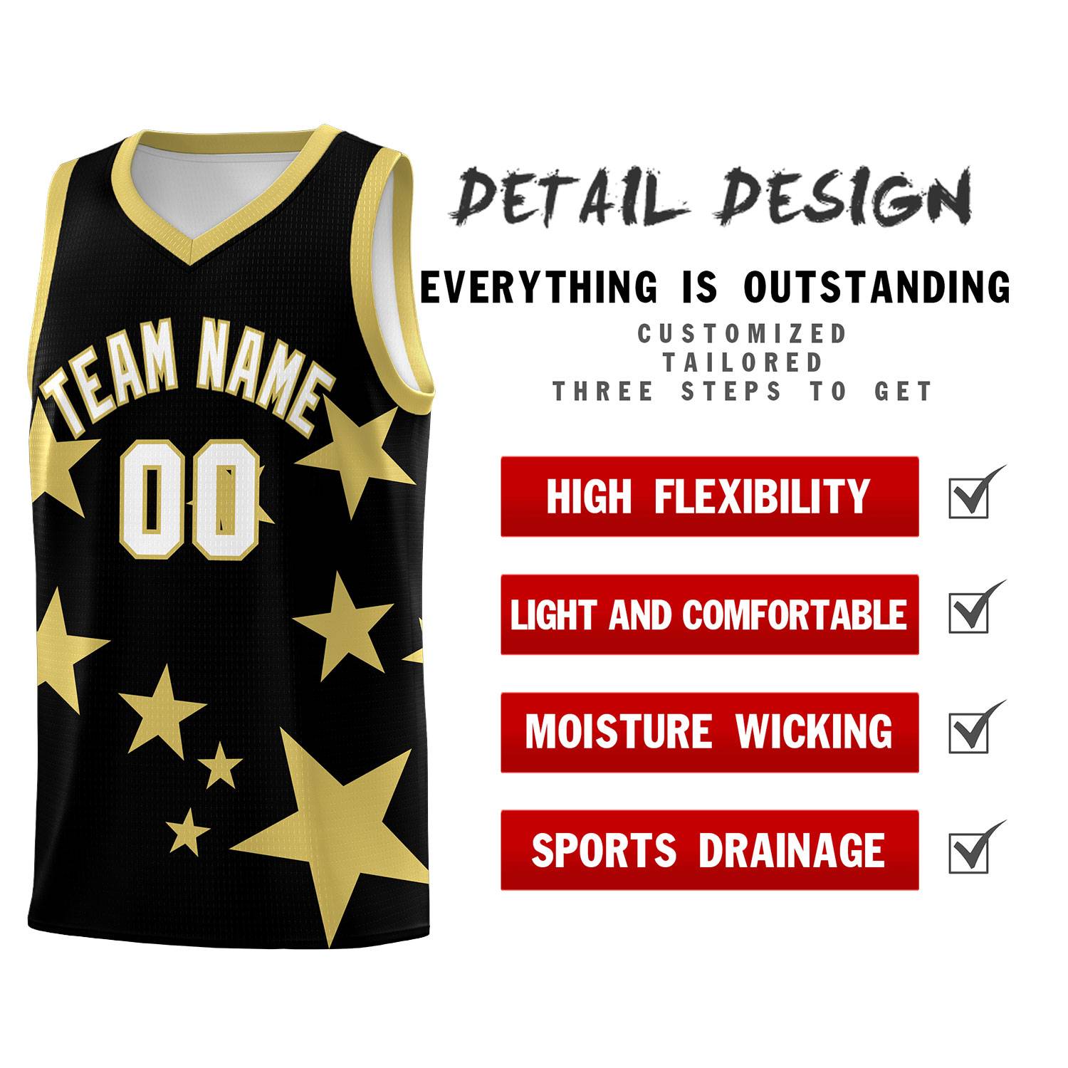 Custom Black Old Gold Graffiti Pattern Star Print Basketball Jersey Kits|KXKSHOP