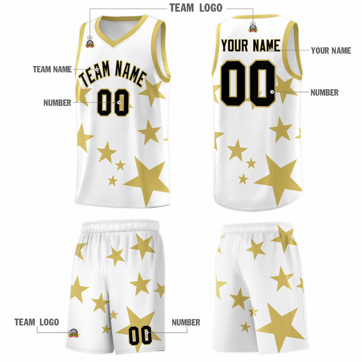 Custom White Old Gold Graffiti Pattern Star Print Basketball Jersey Kits|KXKSHOP