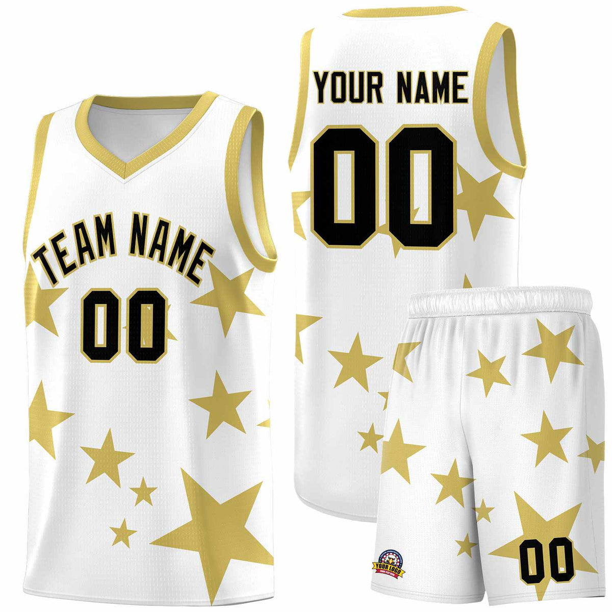Custom White Old Gold Graffiti Pattern Star Print Basketball Jersey Kits|KXKSHOP