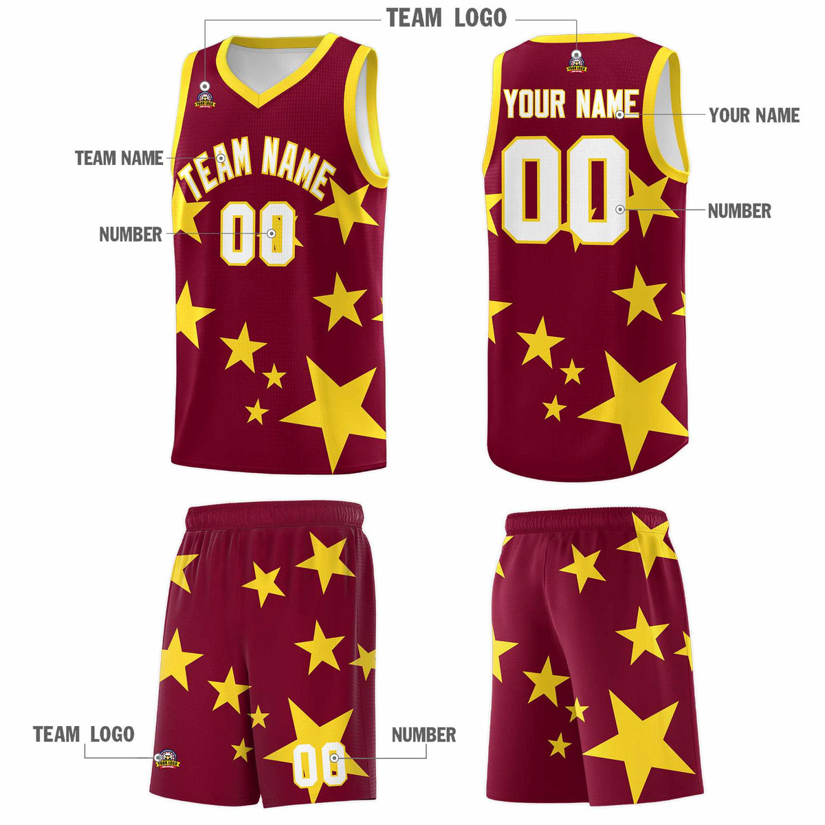 Custom Crimson Gold Graffiti Pattern Star Print Basketball Jersey Kits|KXKSHOP