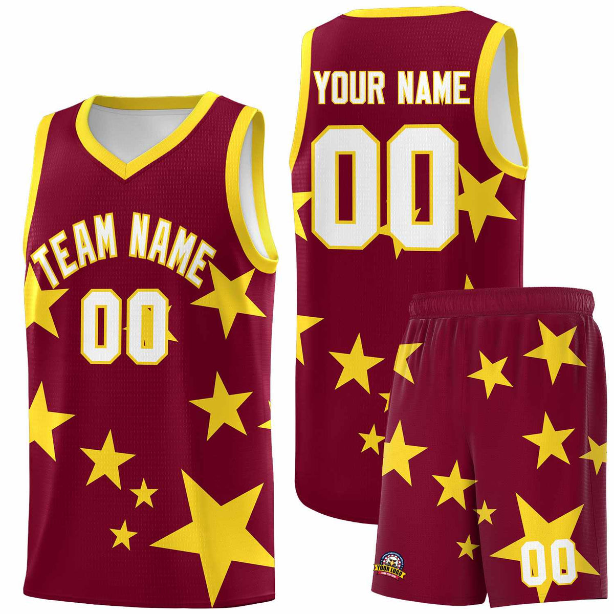 Custom Crimson Gold Graffiti Pattern Star Print Basketball Jersey Kits|KXKSHOP