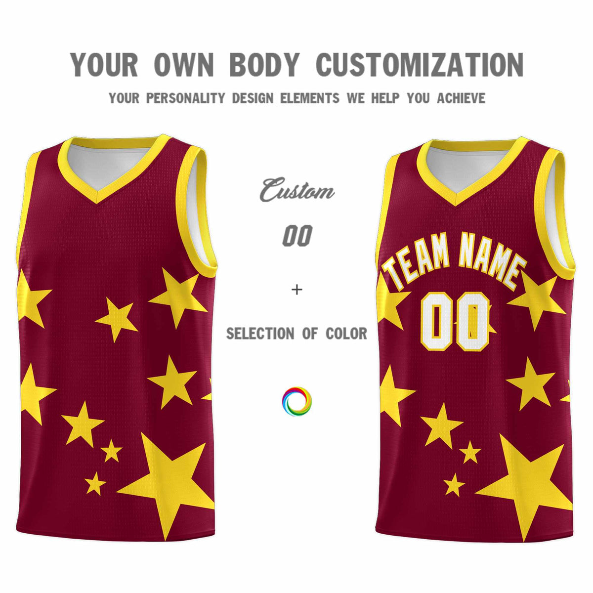 Custom Crimson Gold Graffiti Pattern Star Print Basketball Jersey Kits|KXKSHOP
