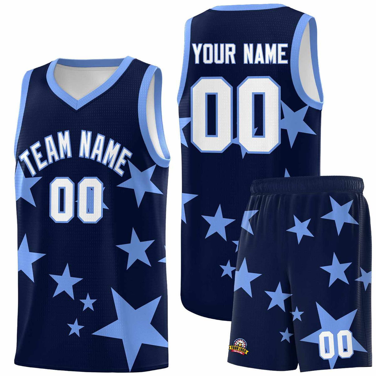 Custom Navy Light Blue Graffiti Pattern Star Print Basketball Jersey Kits|KXKSHOP