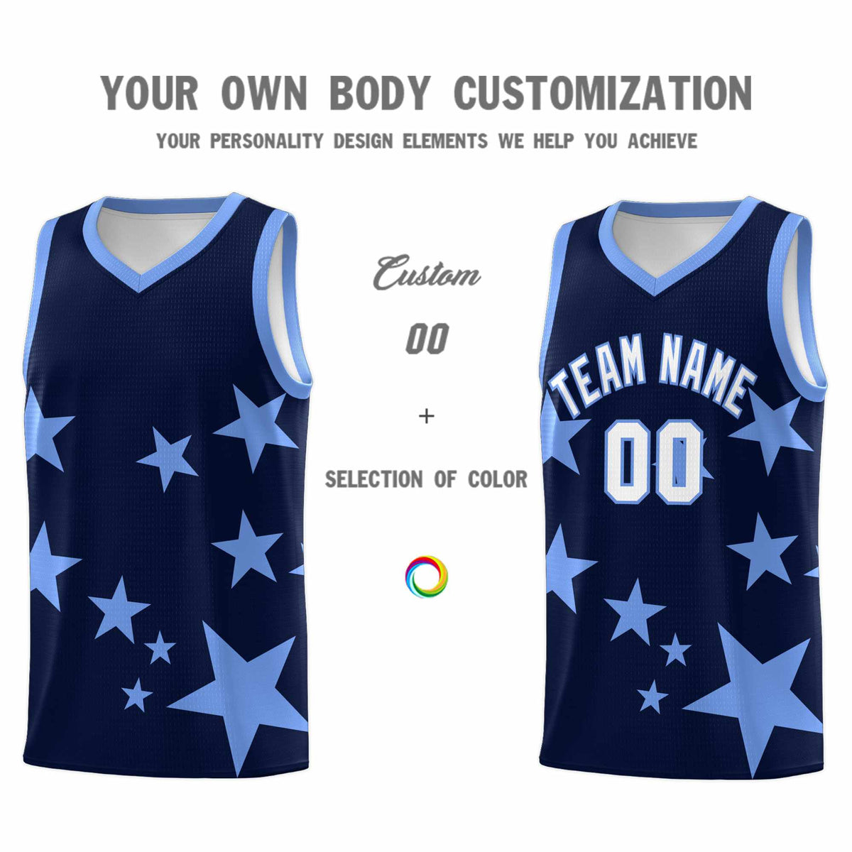 Custom Navy Light Blue Graffiti Pattern Star Print Basketball Jersey Kits|KXKSHOP