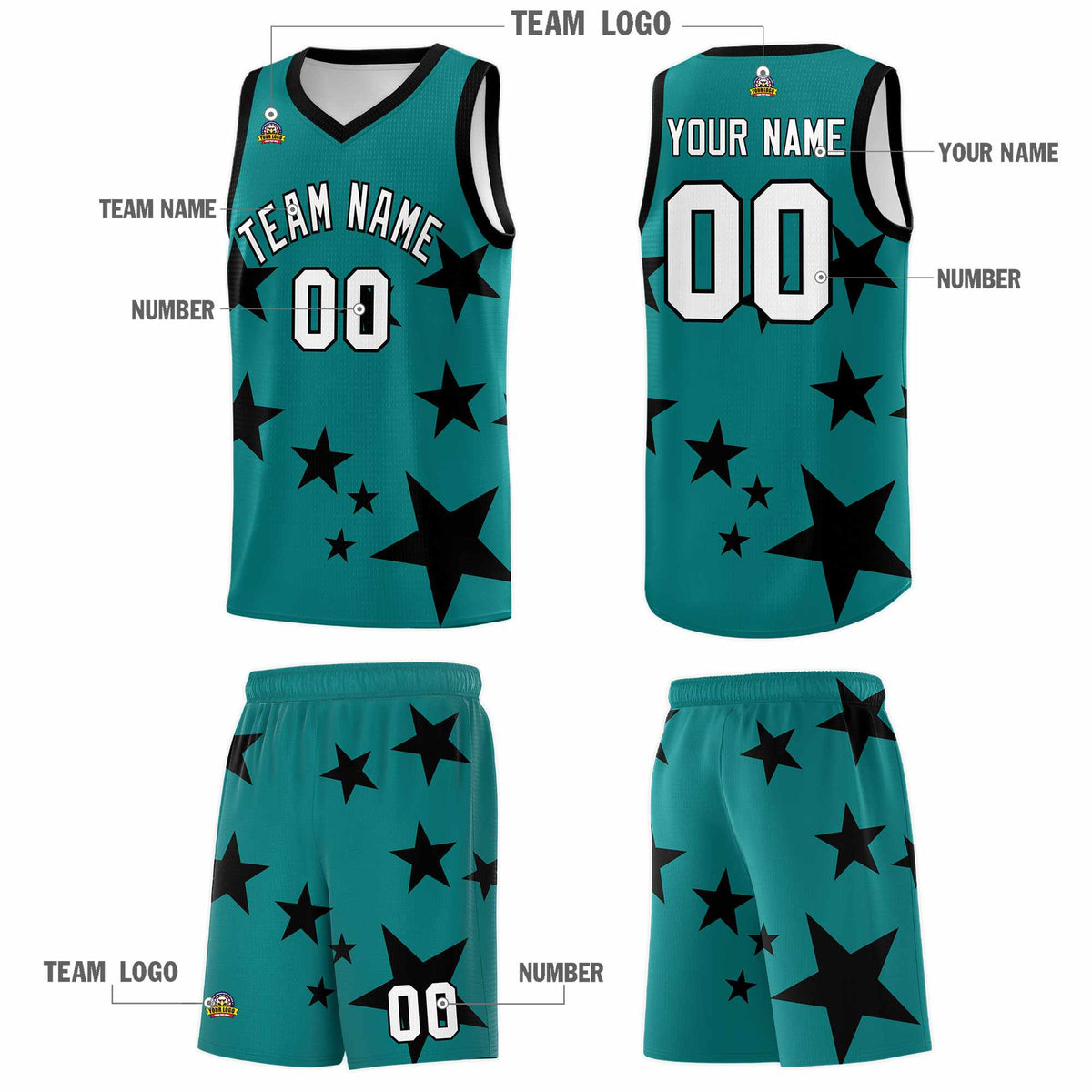 Custom Aqua Black Graffiti Pattern Star Print Basketball Jersey Kits|KXKSHOP