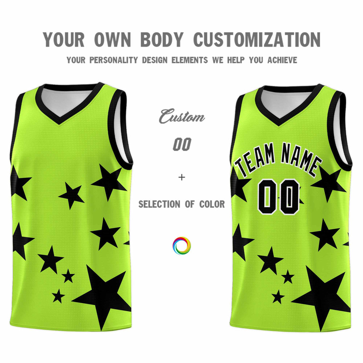 Custom Light Green Black Graffiti Pattern Star Print Basketball Jersey Kits|KXKSHOP