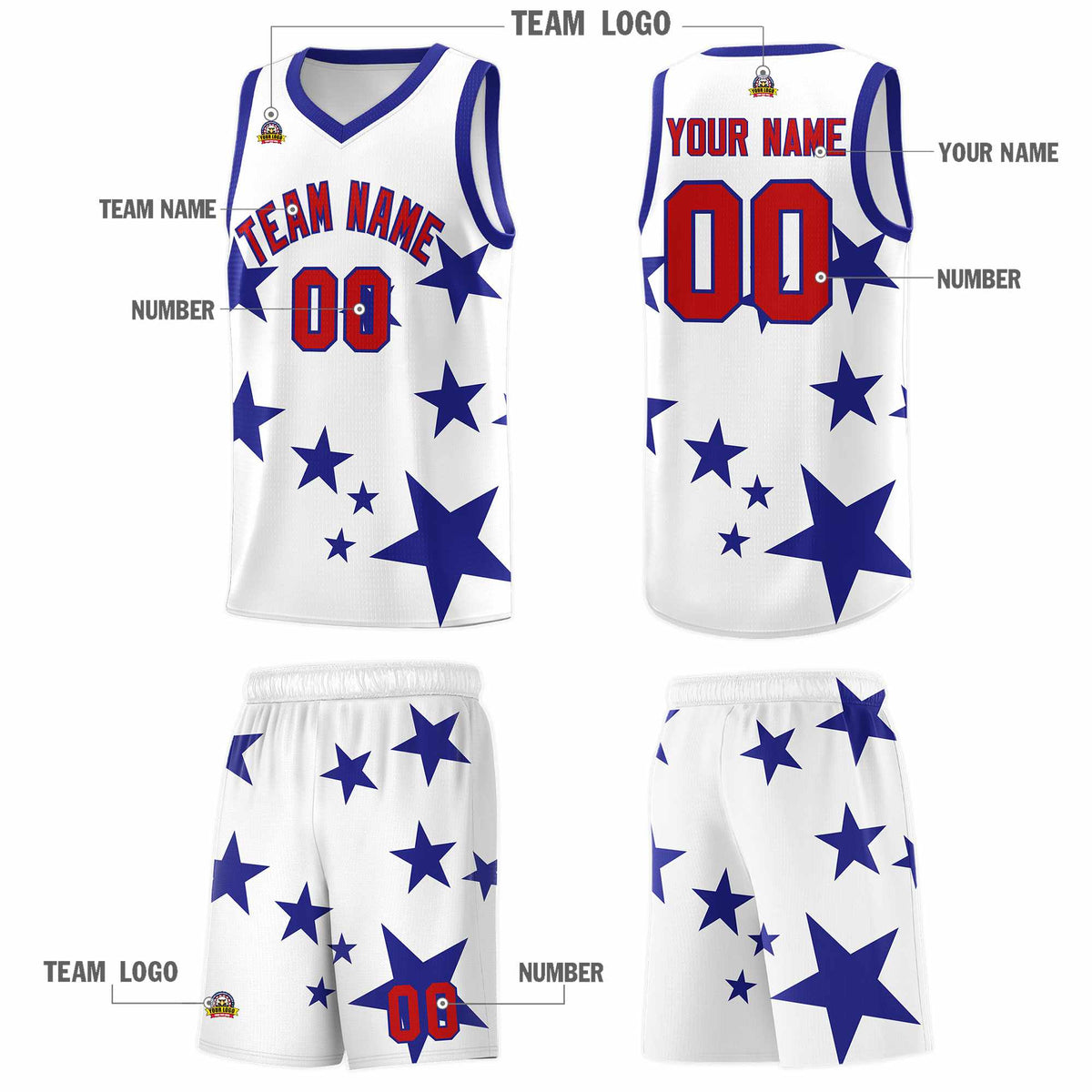 Custom White Royal Graffiti Pattern Star Print Basketball Jersey Kits|KXKSHOP