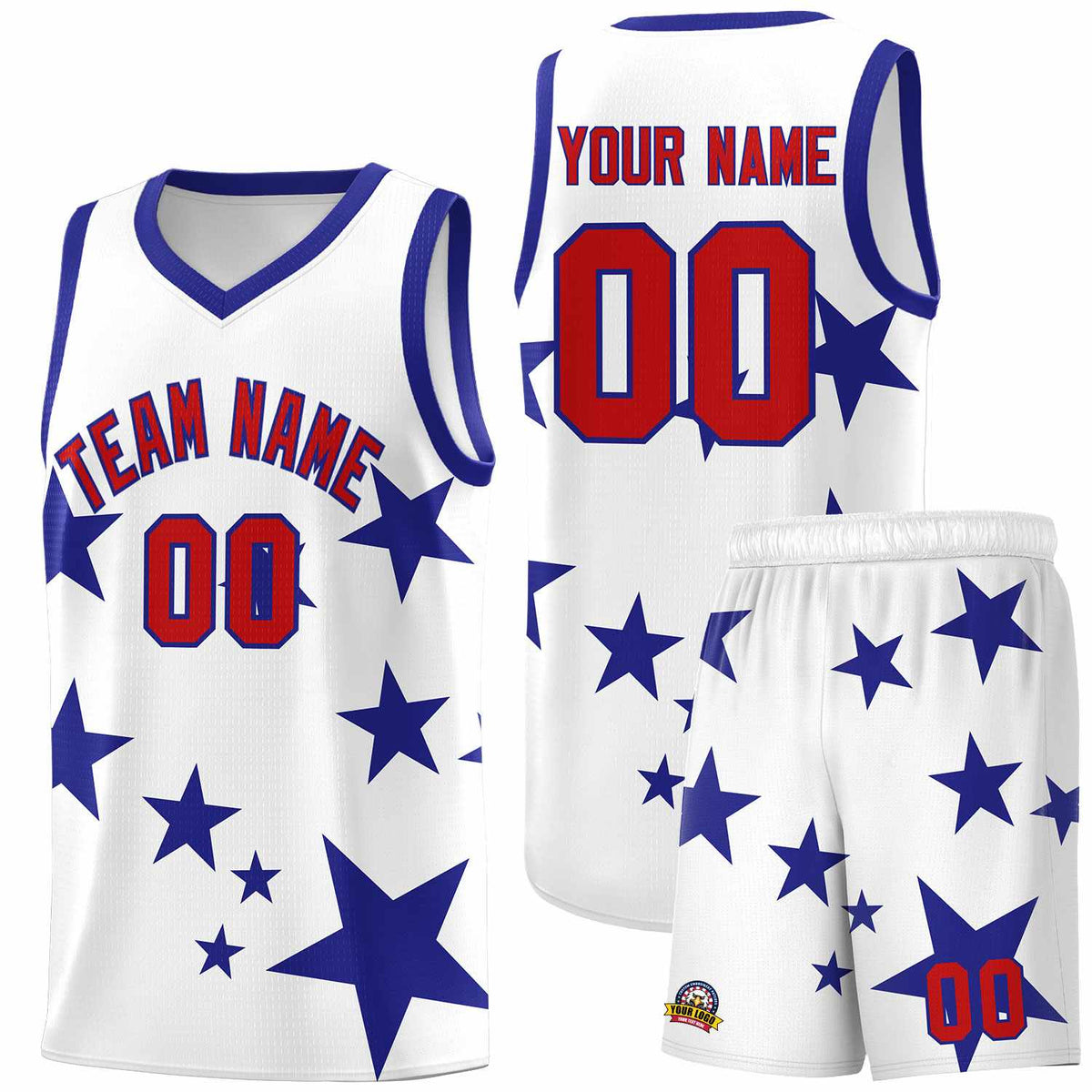 Custom White Royal Graffiti Pattern Star Print Basketball Jersey Kits|KXKSHOP