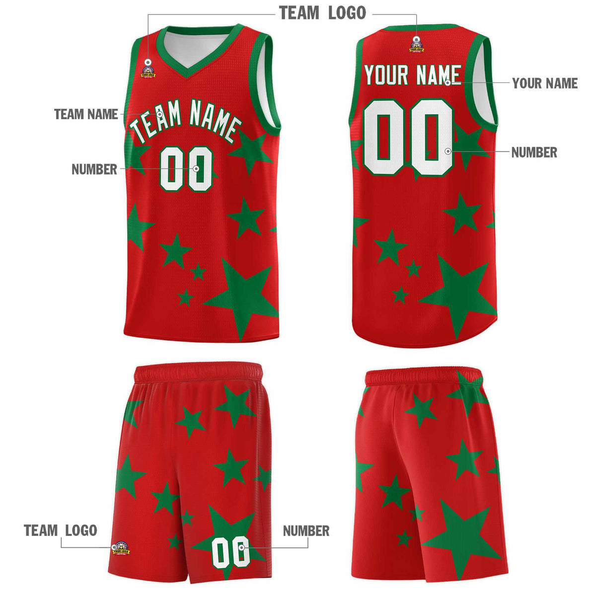 Custom Red Kelly Green Graffiti Pattern Star Print Basketball Jersey Kits|KXKSHOP
