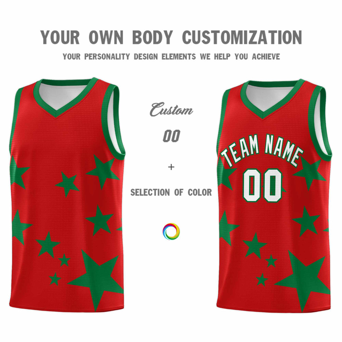 Custom Red Kelly Green Graffiti Pattern Star Print Basketball Jersey Kits|KXKSHOP