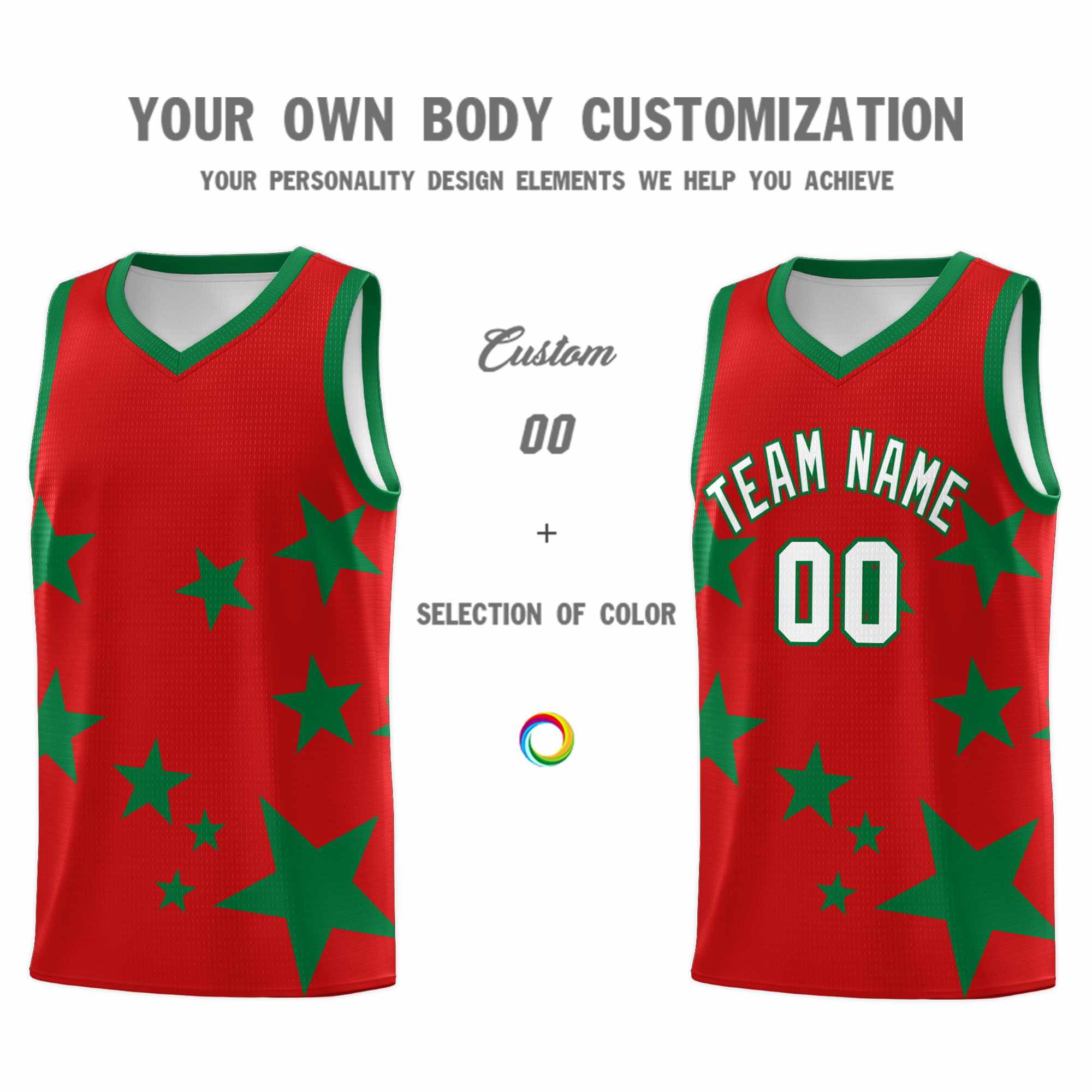 Custom Red Kelly Green Graffiti Pattern Star Print Basketball Jersey Kits|KXKSHOP