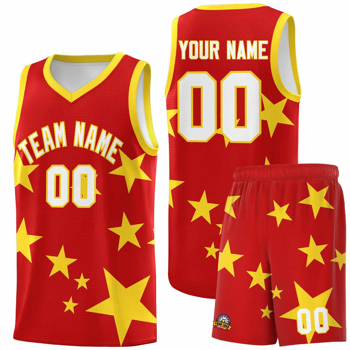 Custom Red Gold Graffiti Pattern Star Print Basketball Jersey Kits|KXKSHOP