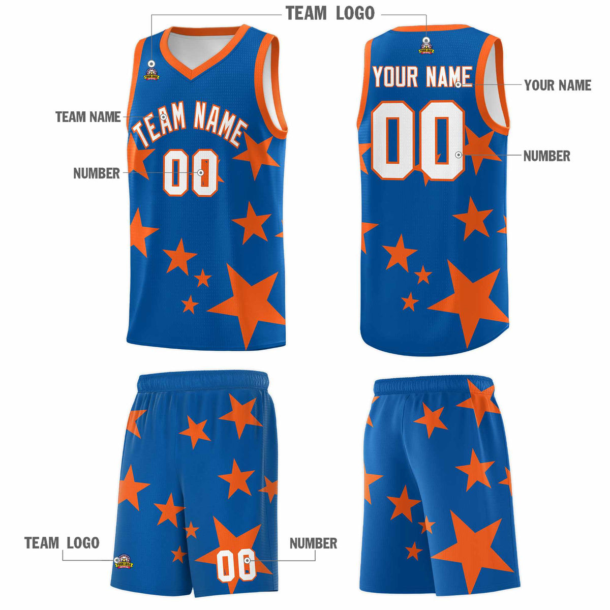 Custom Royal Orange Graffiti Pattern Star Print Basketball Jersey Kits|KXKSHOP