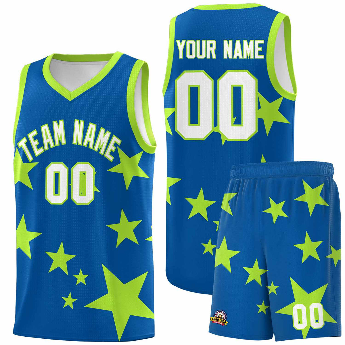 Custom Royal Light Green Graffiti Pattern Star Print Basketball Jersey Kits|KXKSHOP