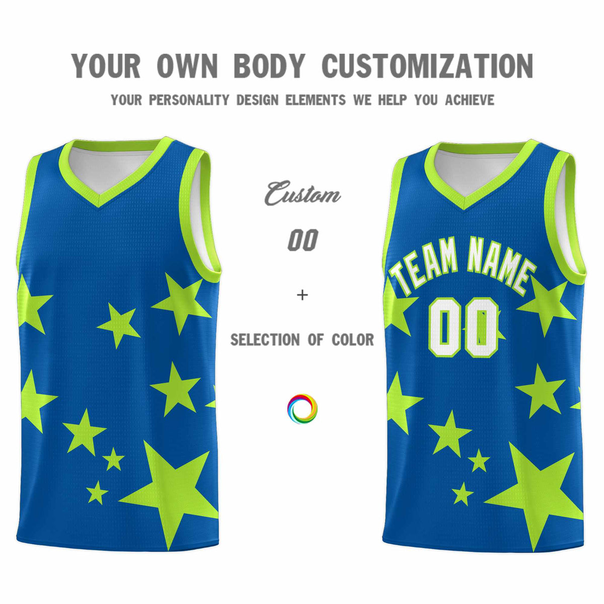 Custom Royal Light Green Graffiti Pattern Star Print Basketball Jersey Kits|KXKSHOP