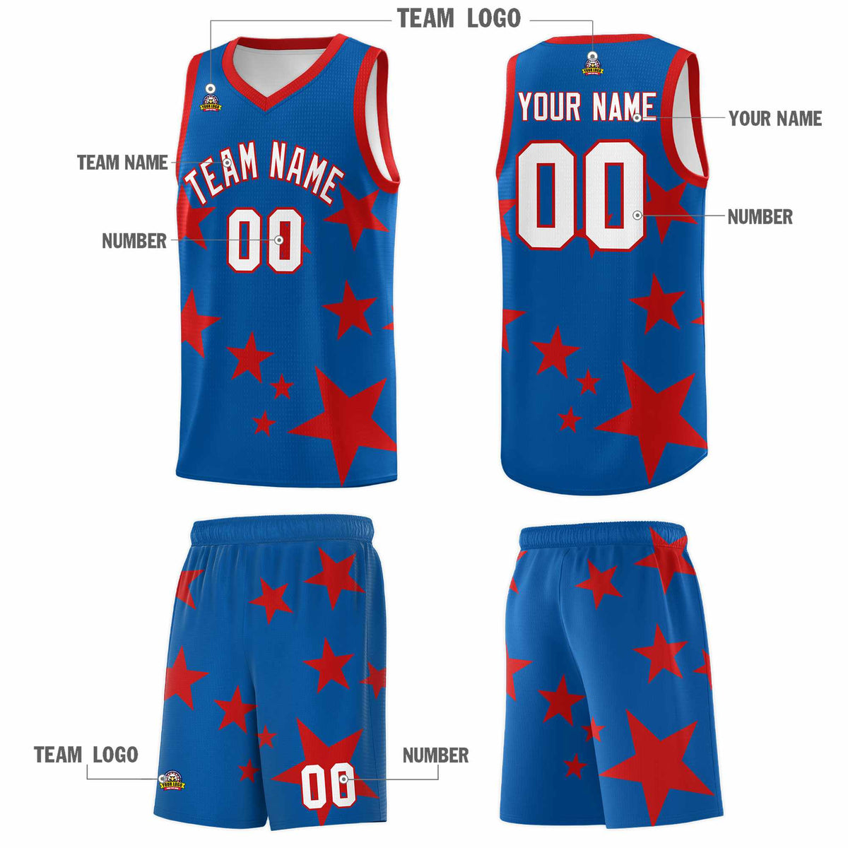 Custom Royal Red Graffiti Pattern Star Print Basketball Jersey Kits|KXKSHOP