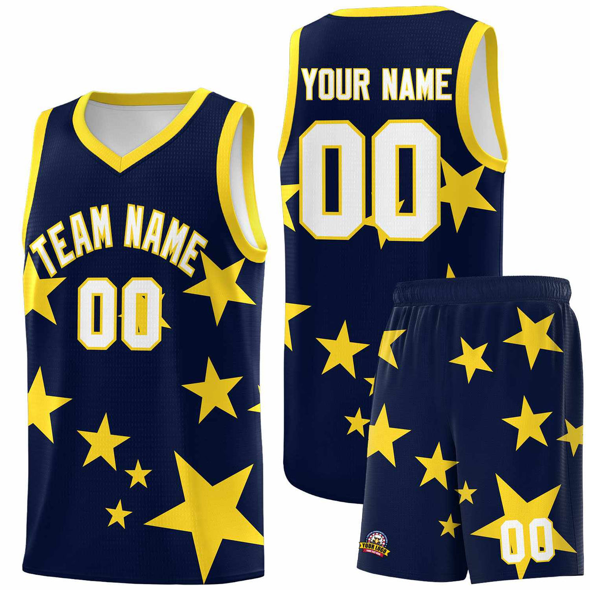 Custom Navy Gold Graffiti Pattern Star Print Basketball Jersey Kits|KXKSHOP