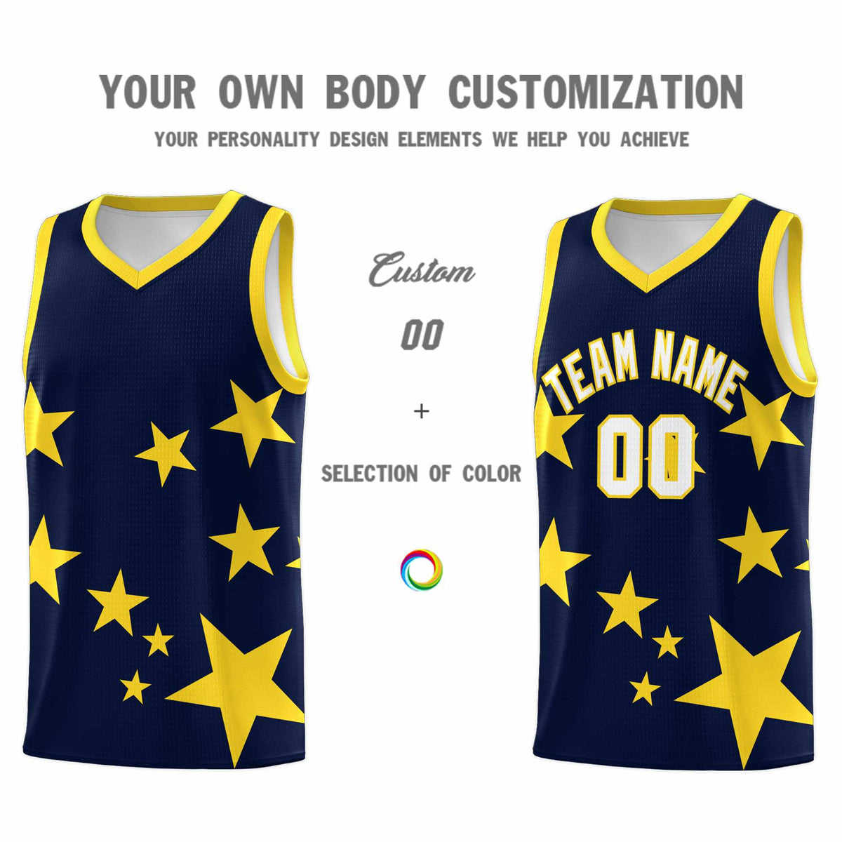Custom Navy Gold Graffiti Pattern Star Print Basketball Jersey Kits|KXKSHOP