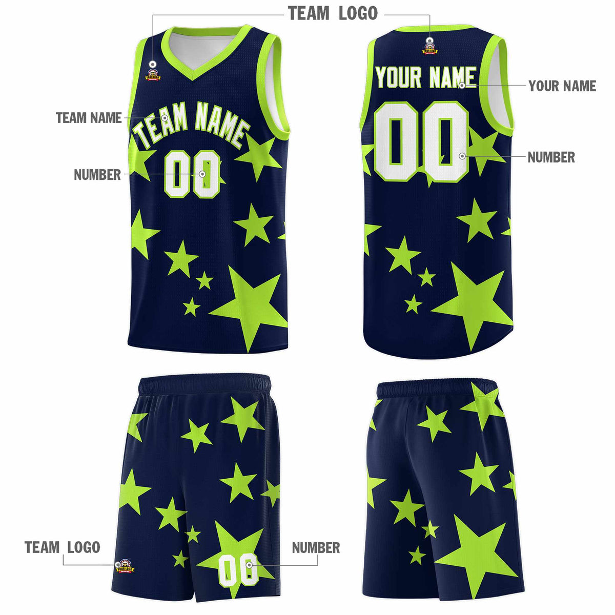 Custom Navy Light Green Graffiti Pattern Star Print Basketball Jersey Kits|KXKSHOP