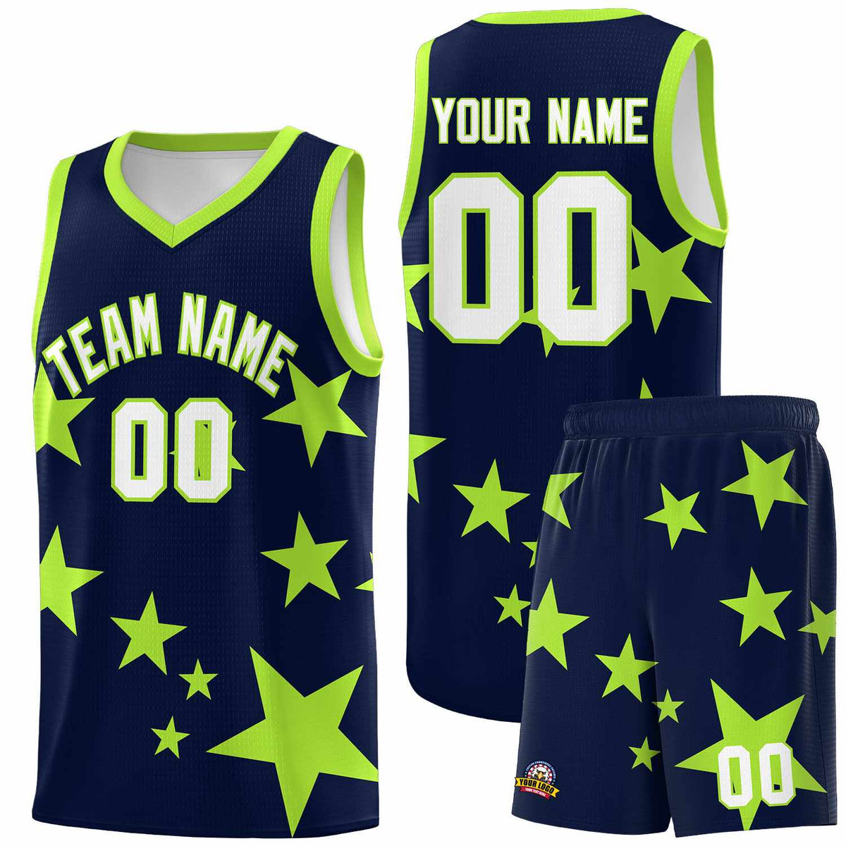 Custom Navy Light Green Graffiti Pattern Star Print Basketball Jersey Kits|KXKSHOP