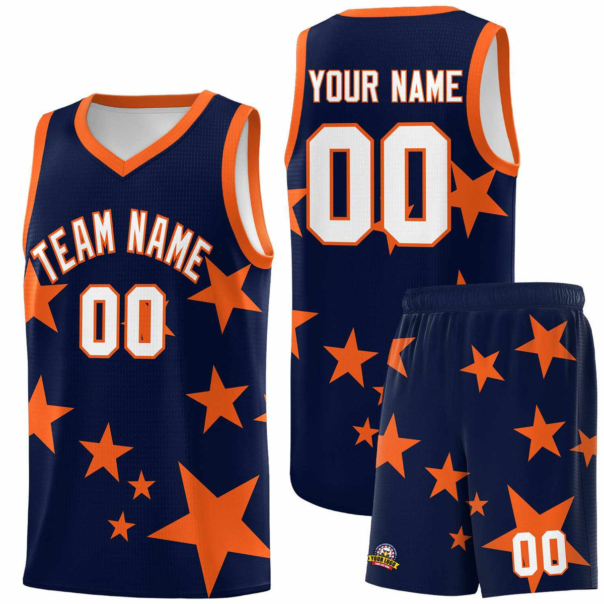 Custom Navy Orange Graffiti Pattern Star Print Basketball Jersey Kits|KXKSHOP