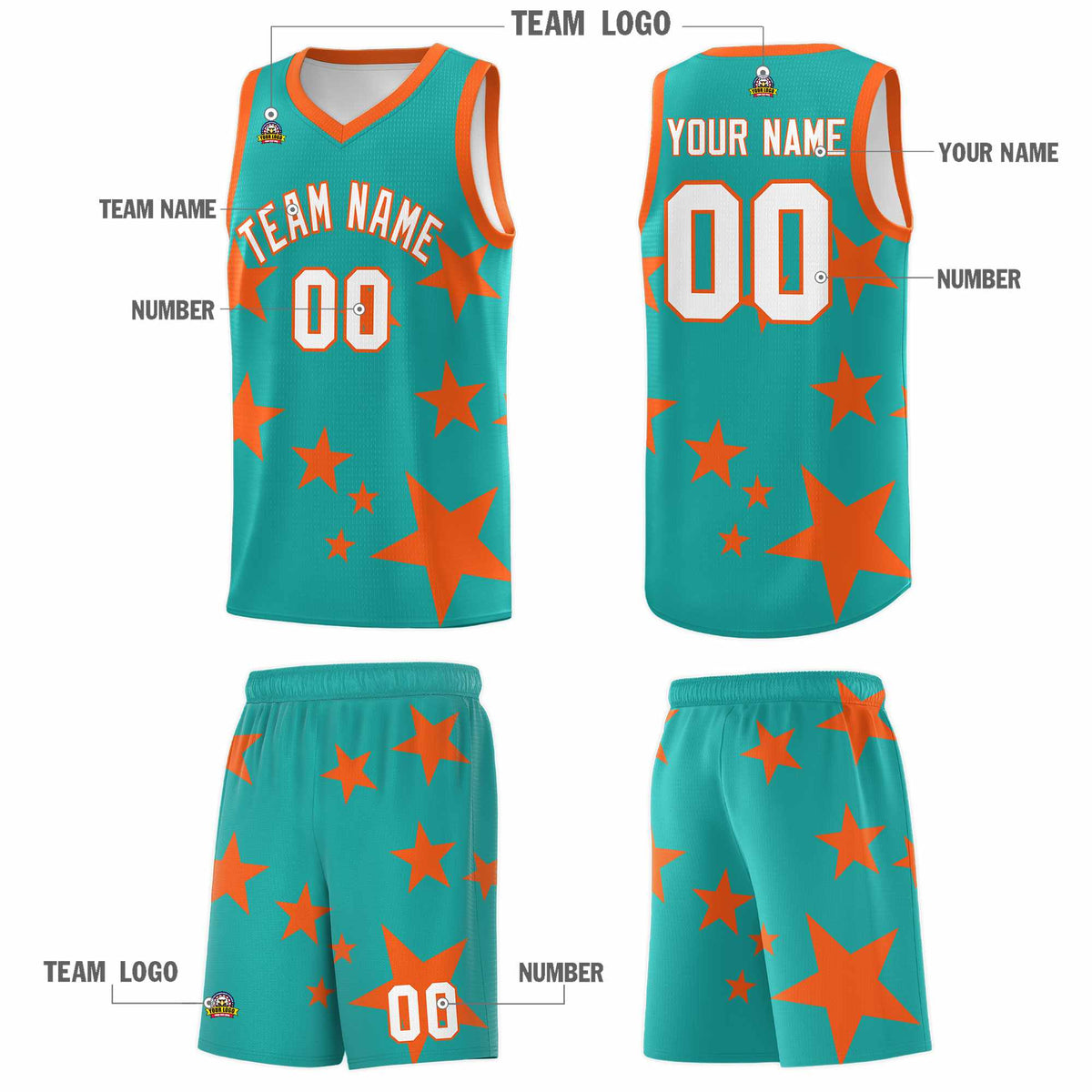 Custom Aqua Orange Graffiti Pattern Star Print Basketball Jersey Kits|KXKSHOP
