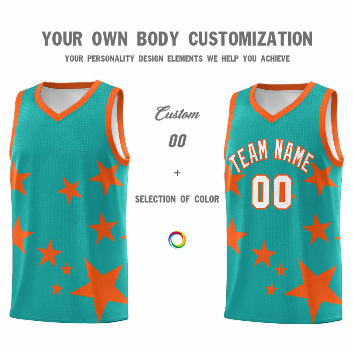 Custom Aqua Orange Graffiti Pattern Star Print Basketball Jersey Kits|KXKSHOP
