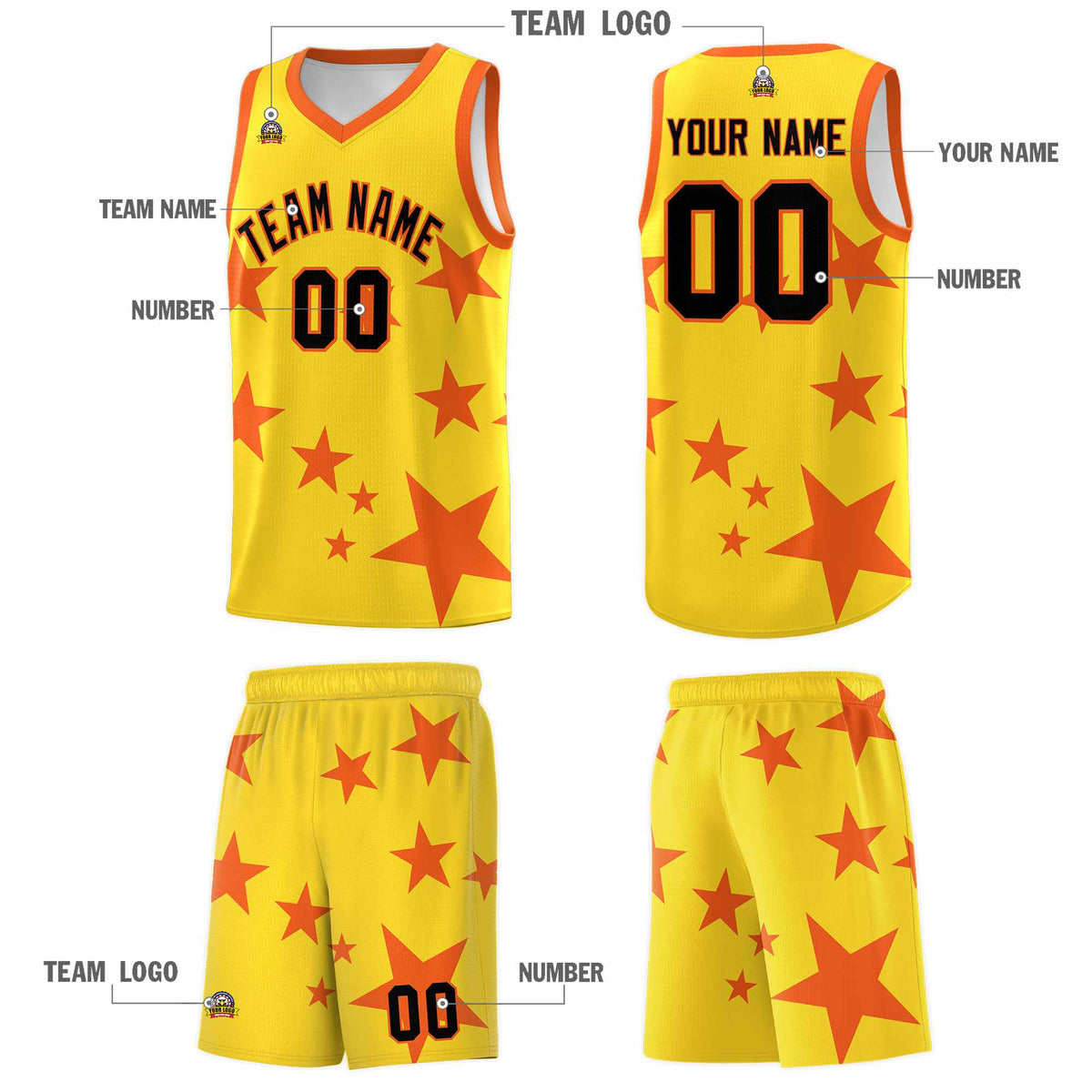 Custom Gold Orange Graffiti Pattern Star Print Basketball Jersey Kits|KXKSHOP