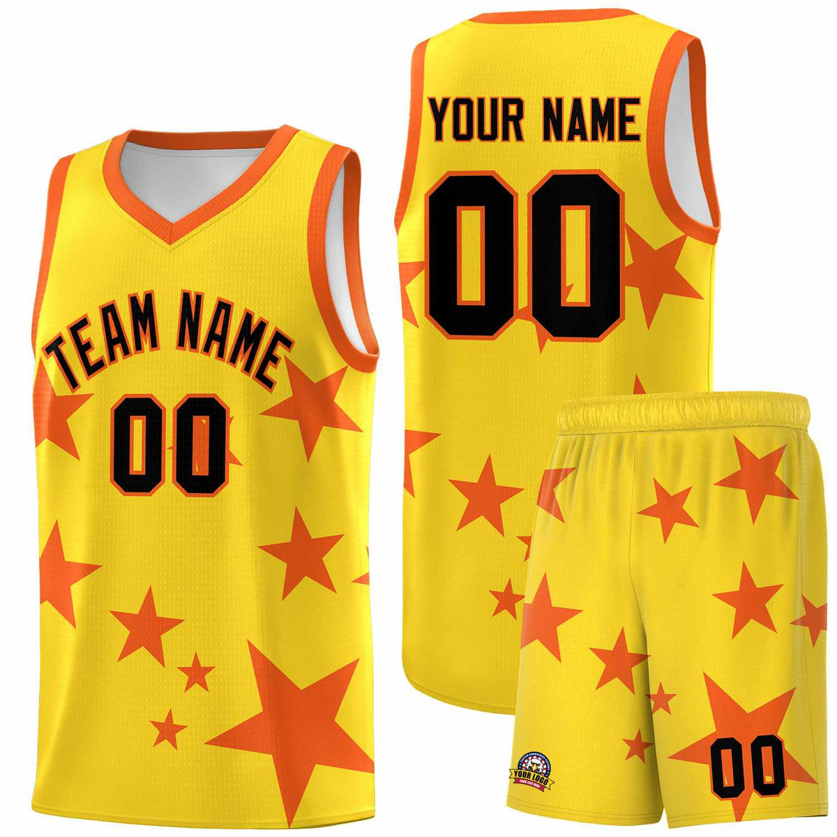 Custom Gold Orange Graffiti Pattern Star Print Basketball Jersey Kits|KXKSHOP