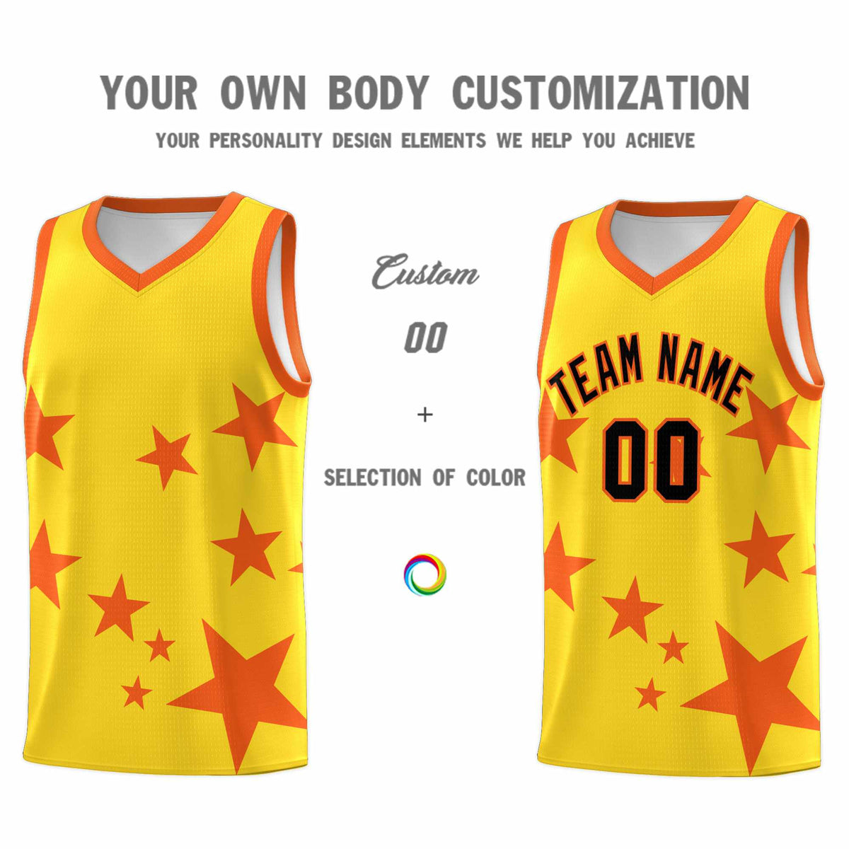 Custom Gold Orange Graffiti Pattern Star Print Basketball Jersey Kits|KXKSHOP