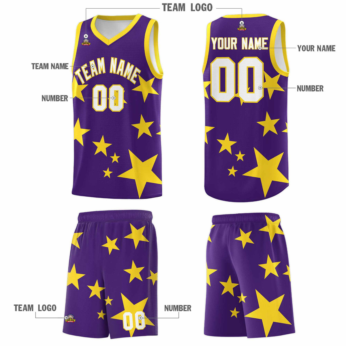 Custom Purple Gold Graffiti Pattern Star Print Basketball Jersey Kits|KXKSHOP