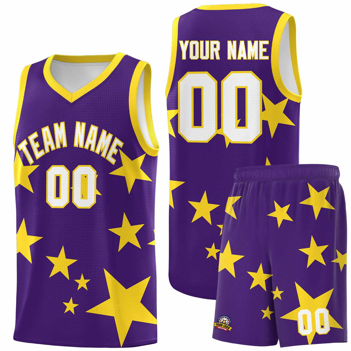 Custom Purple Gold Graffiti Pattern Star Print Basketball Jersey Kits|KXKSHOP