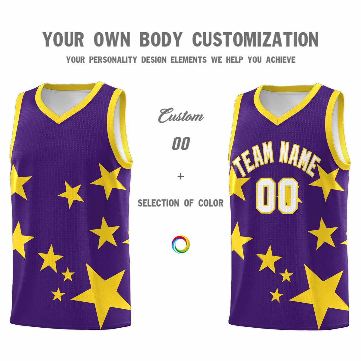Custom Purple Gold Graffiti Pattern Star Print Basketball Jersey Kits|KXKSHOP