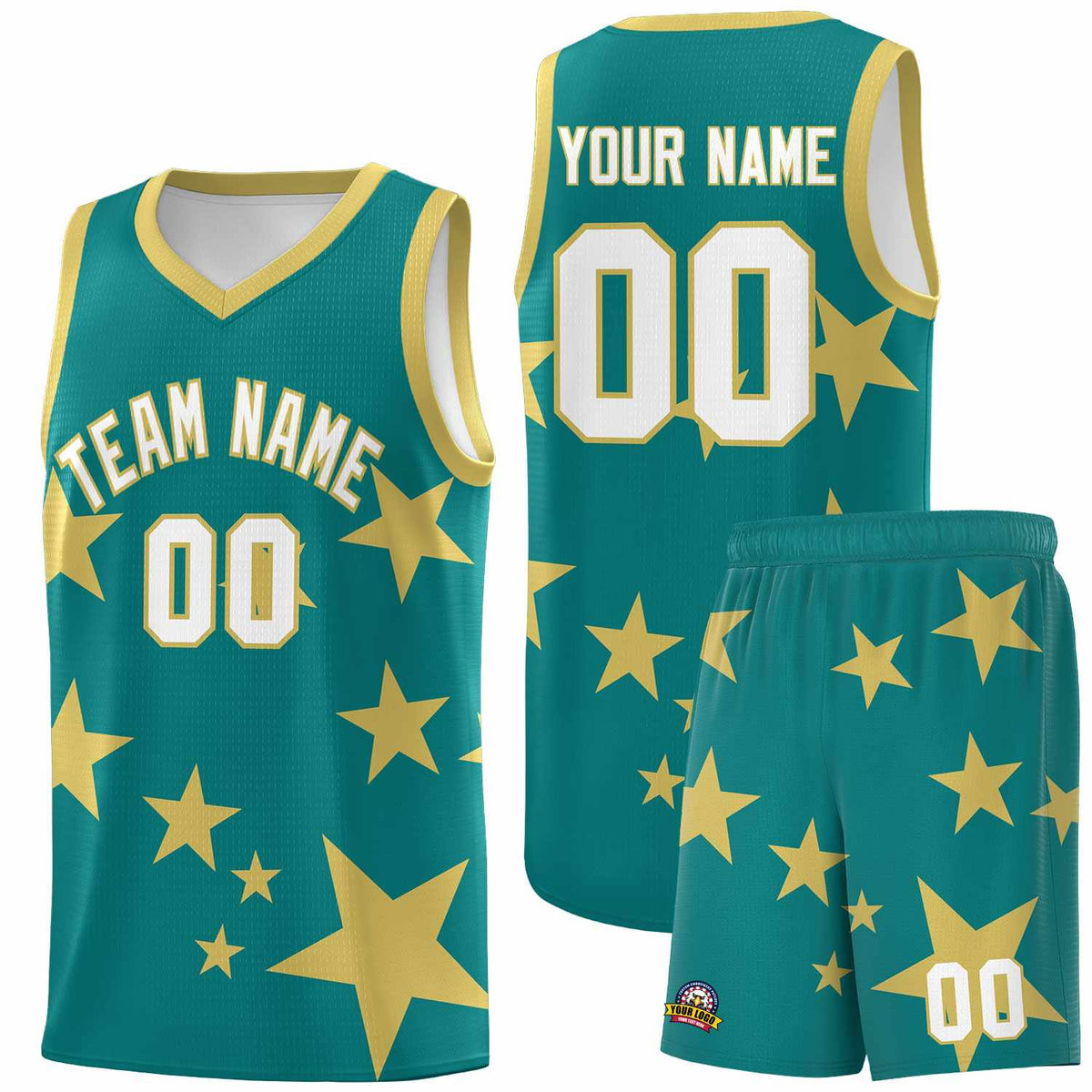 Custom Aqua Old Gold Graffiti Pattern Star Print Basketball Jersey Kits|KXKSHOP