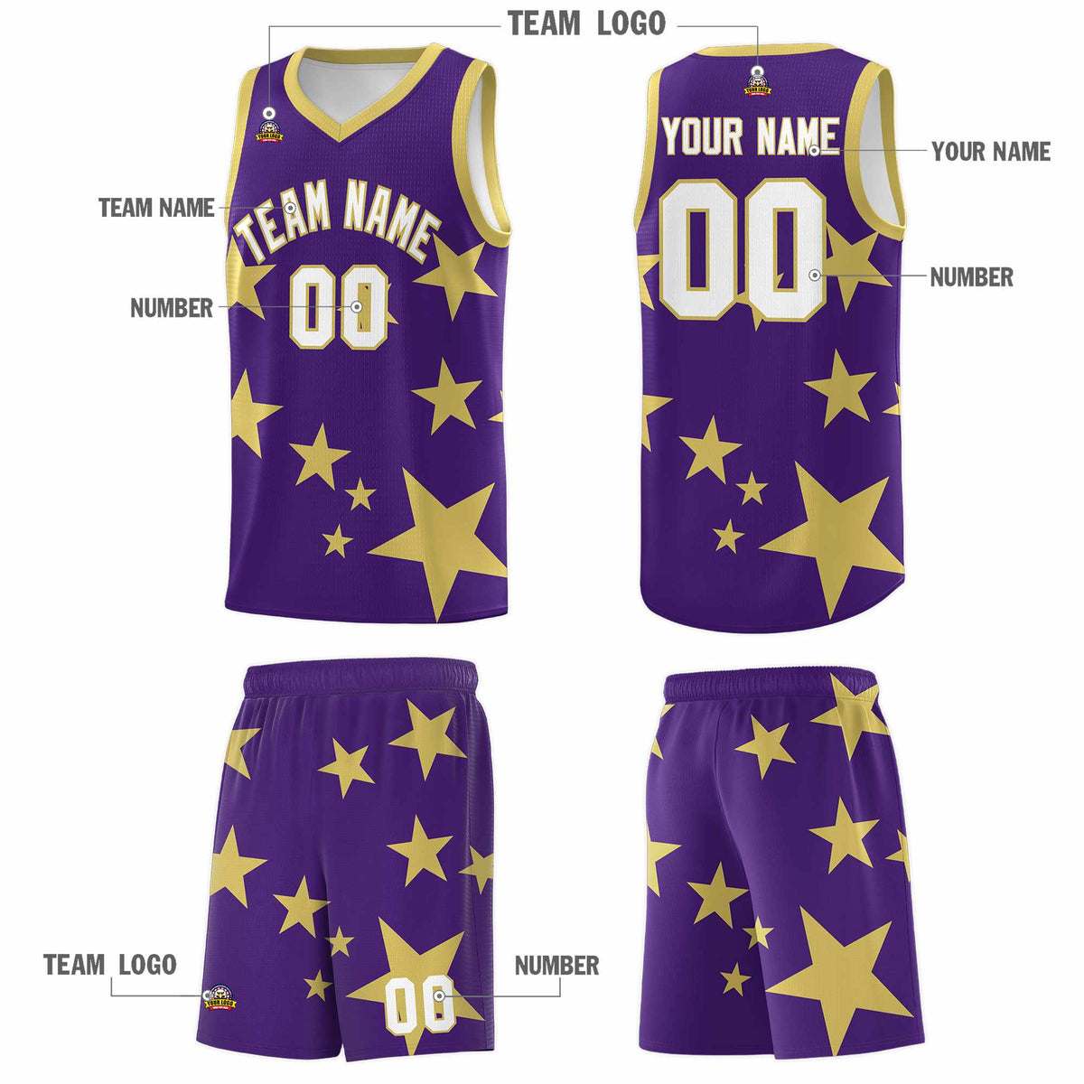 Custom Purple Old Gold Graffiti Pattern Star Print Basketball Jersey Kits|KXKSHOP