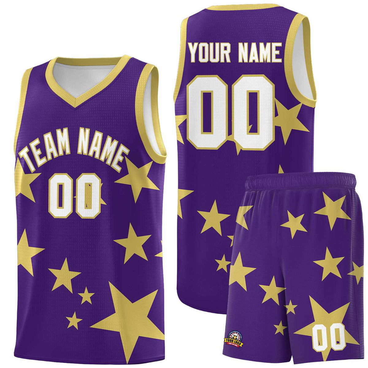 Custom Purple Old Gold Graffiti Pattern Star Print Basketball Jersey Kits|KXKSHOP