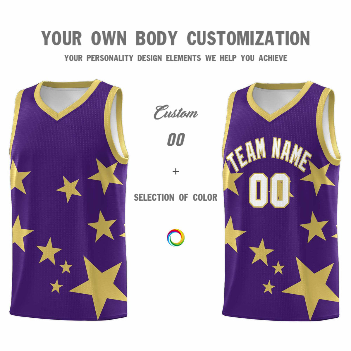 Custom Purple Old Gold Graffiti Pattern Star Print Basketball Jersey Kits|KXKSHOP