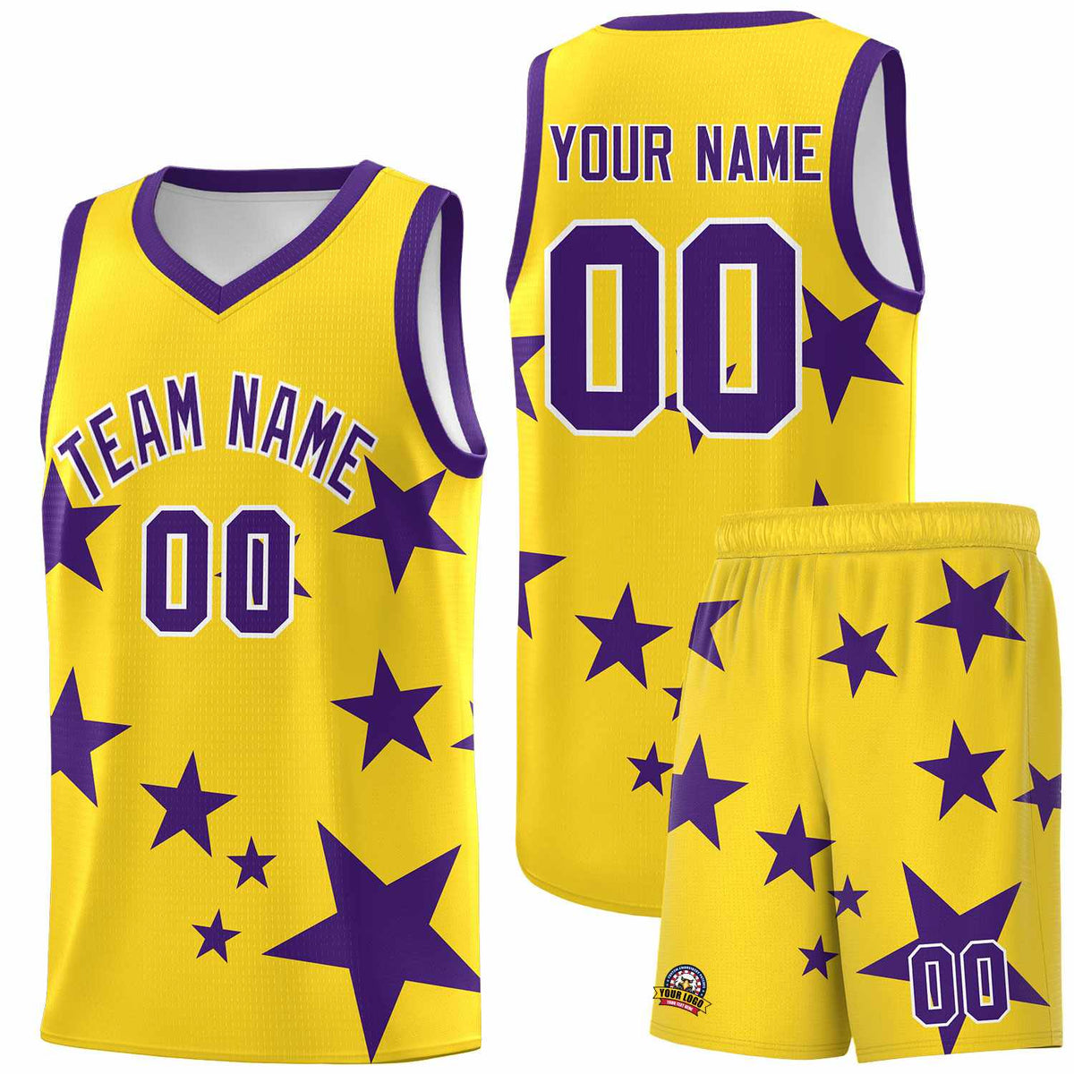 Custom Gold Purple Graffiti Pattern Star Print Basketball Jersey Kits|KXKSHOP