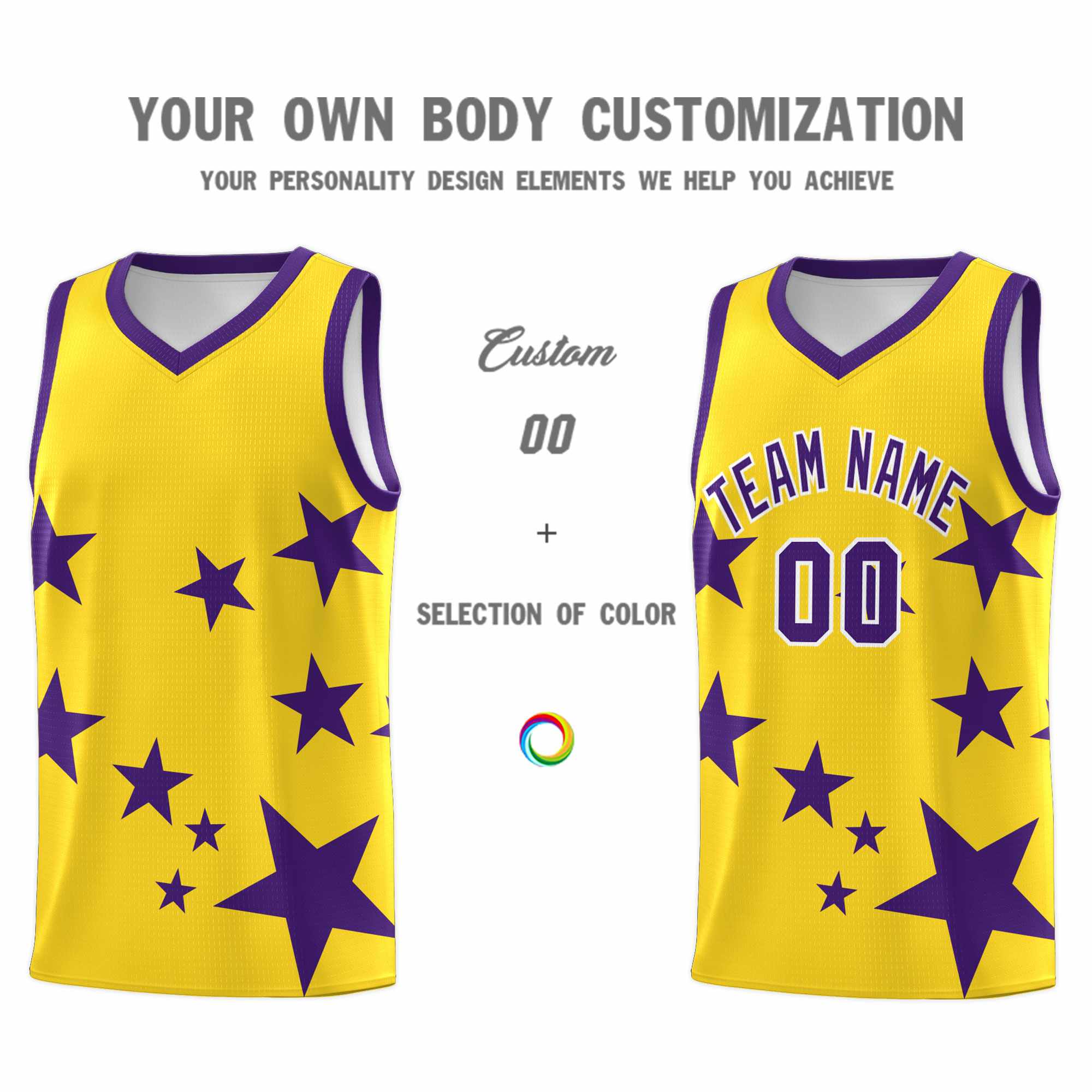 Custom Gold Purple Graffiti Pattern Star Print Basketball Jersey Kits|KXKSHOP