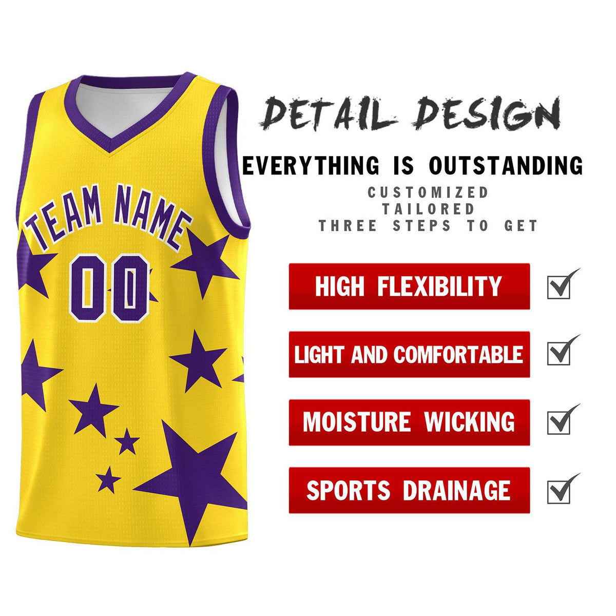 Custom Gold Purple Graffiti Pattern Star Print Basketball Jersey Kits|KXKSHOP