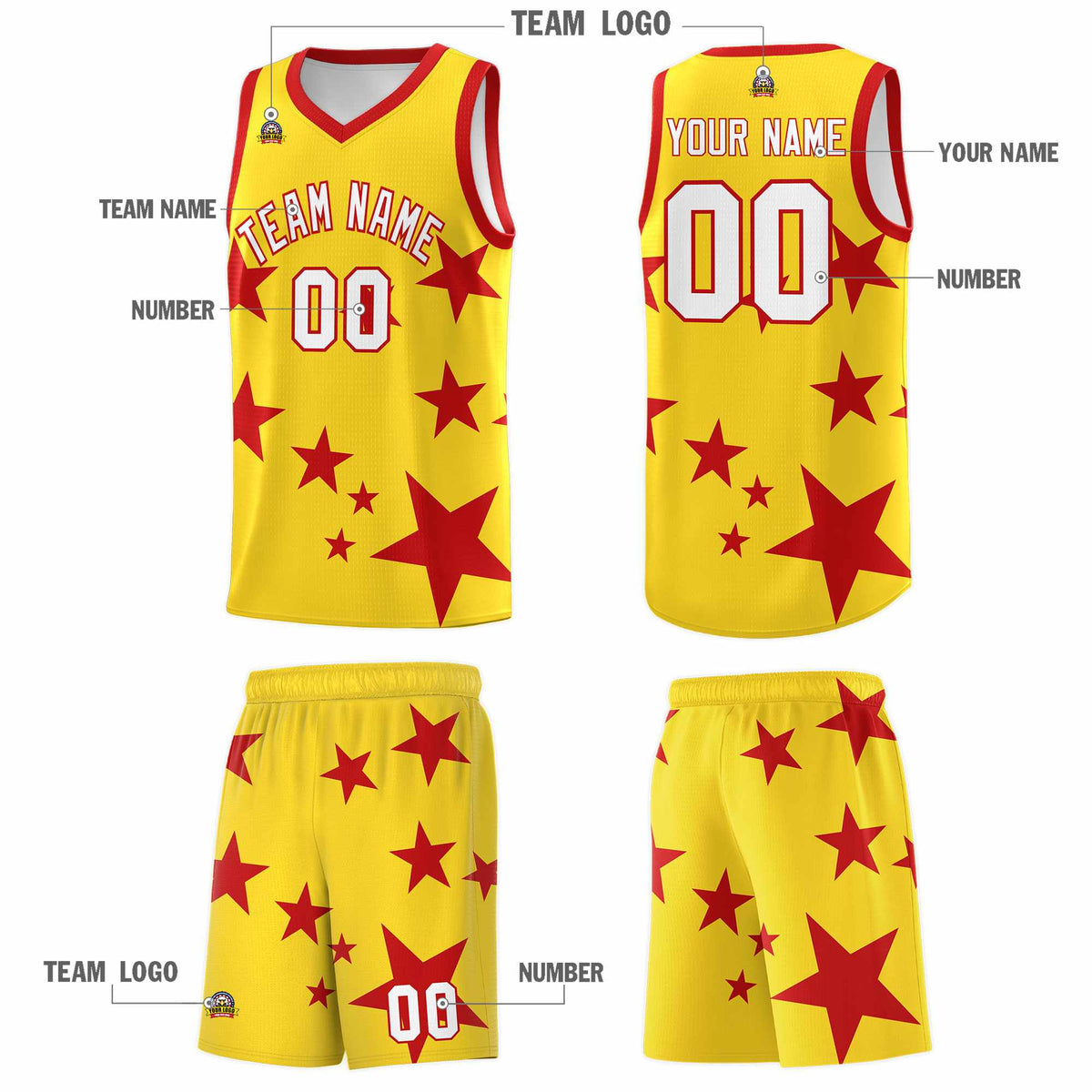 Custom Gold Red Graffiti Pattern Star Print Basketball Jersey Kits|KXKSHOP