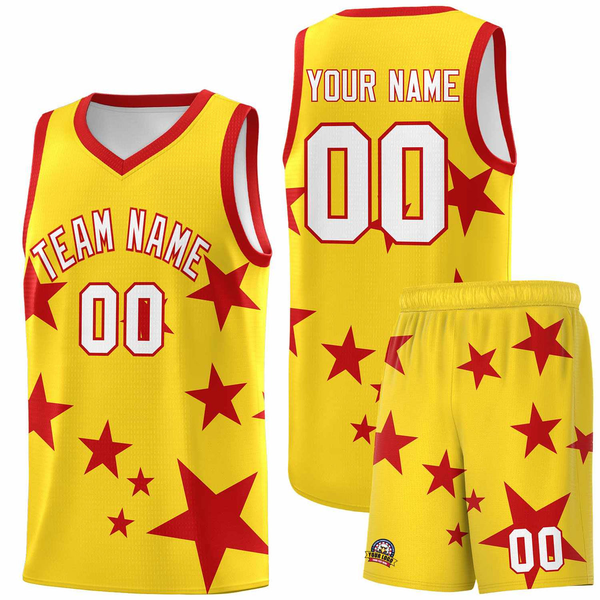 Custom Gold Red Graffiti Pattern Star Print Basketball Jersey Kits|KXKSHOP