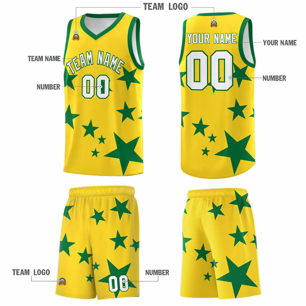 Custom Gold Kelly Green Graffiti Pattern Star Print Basketball Jersey Kits|KXKSHOP