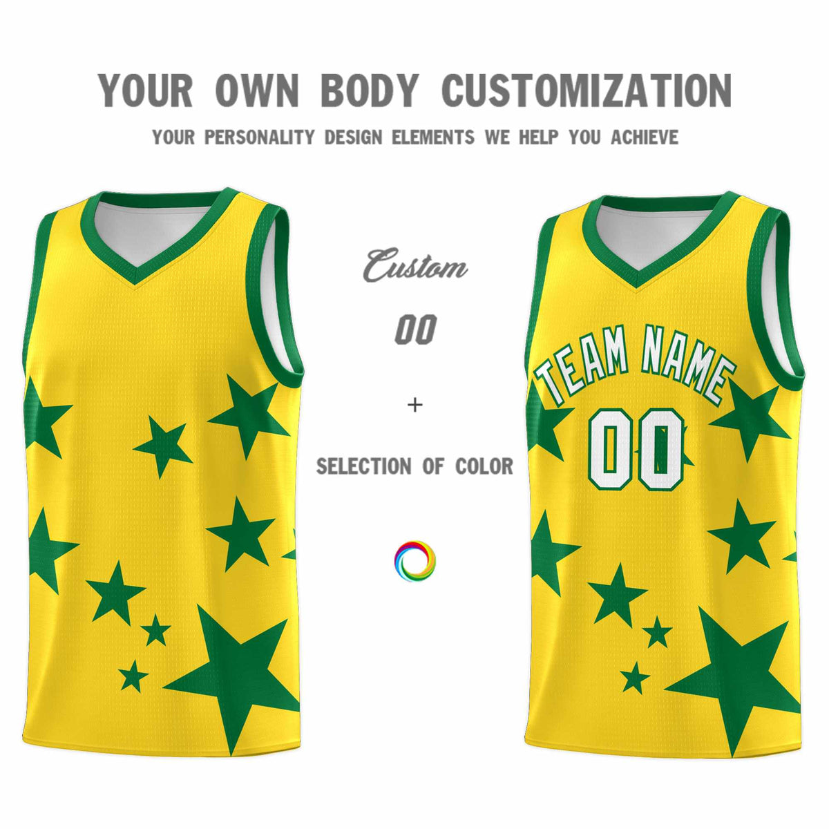 Custom Gold Kelly Green Graffiti Pattern Star Print Basketball Jersey Kits|KXKSHOP