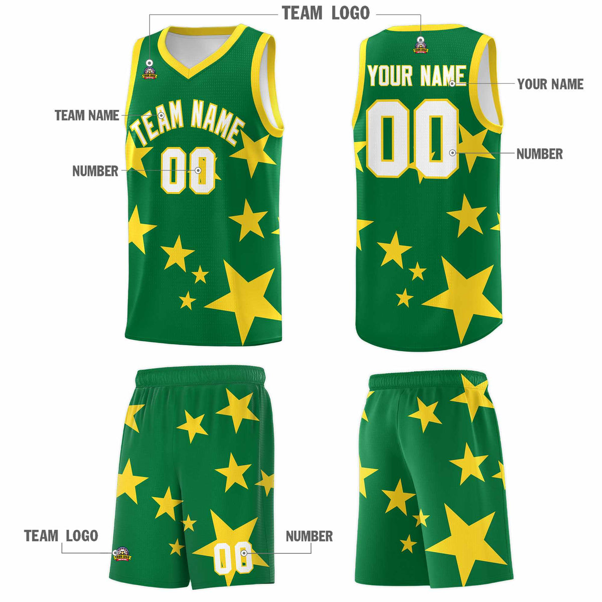 Custom Kelly Green Gold Graffiti Pattern Star Print Basketball Jersey Kits|KXKSHOP