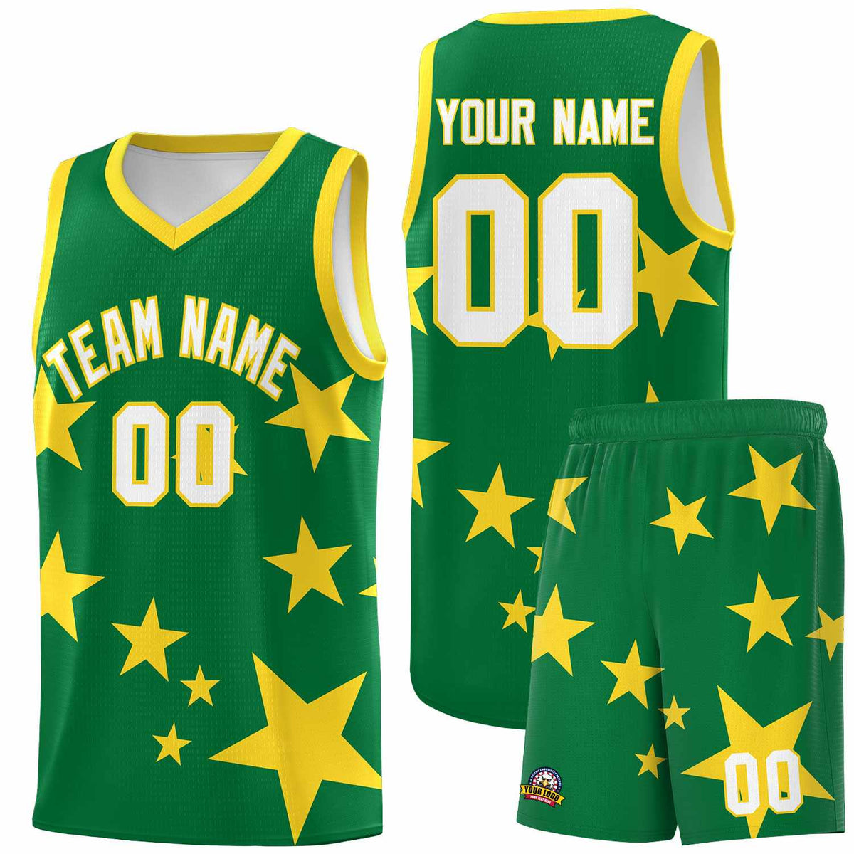 Custom Kelly Green Gold Graffiti Pattern Star Print Basketball Jersey Kits|KXKSHOP